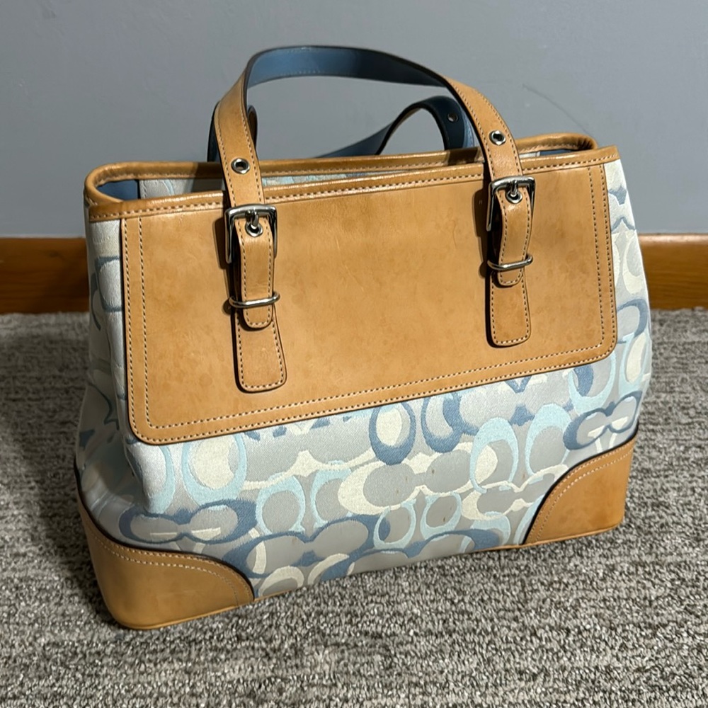 Coach shoulder bag - white, blue, and tan